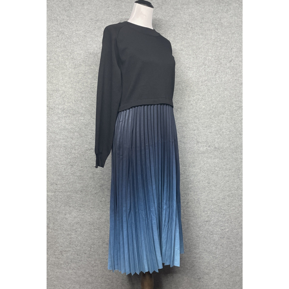 NWT Nanette Lepore XL Ombre Pleated Midi Dress Black/Blue Long Slv Classic FLAW - Picture 5 of 13
